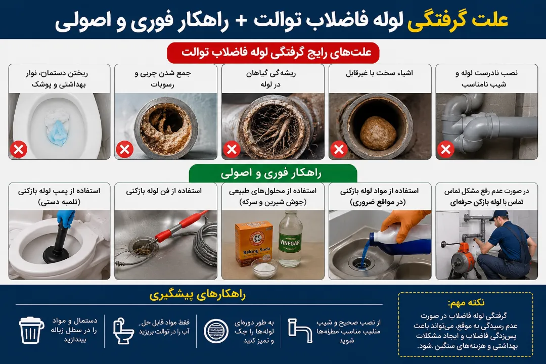 علت گرفتگی لوله فاضلاب توالت + راهکار فوری و اصولی