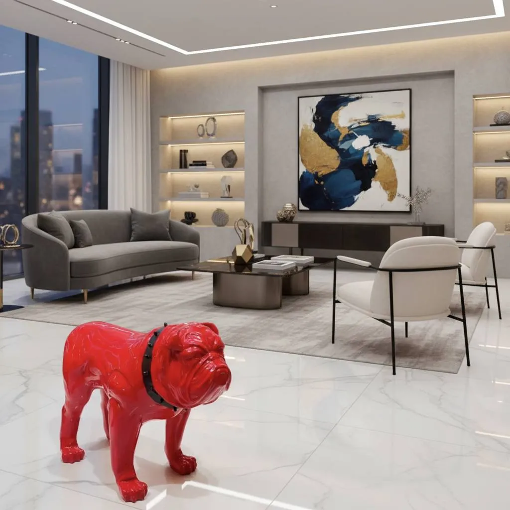 مجسمه بولداگ قرمز فایبرگلاس؛ دکوراسیون ویلا و هدیه